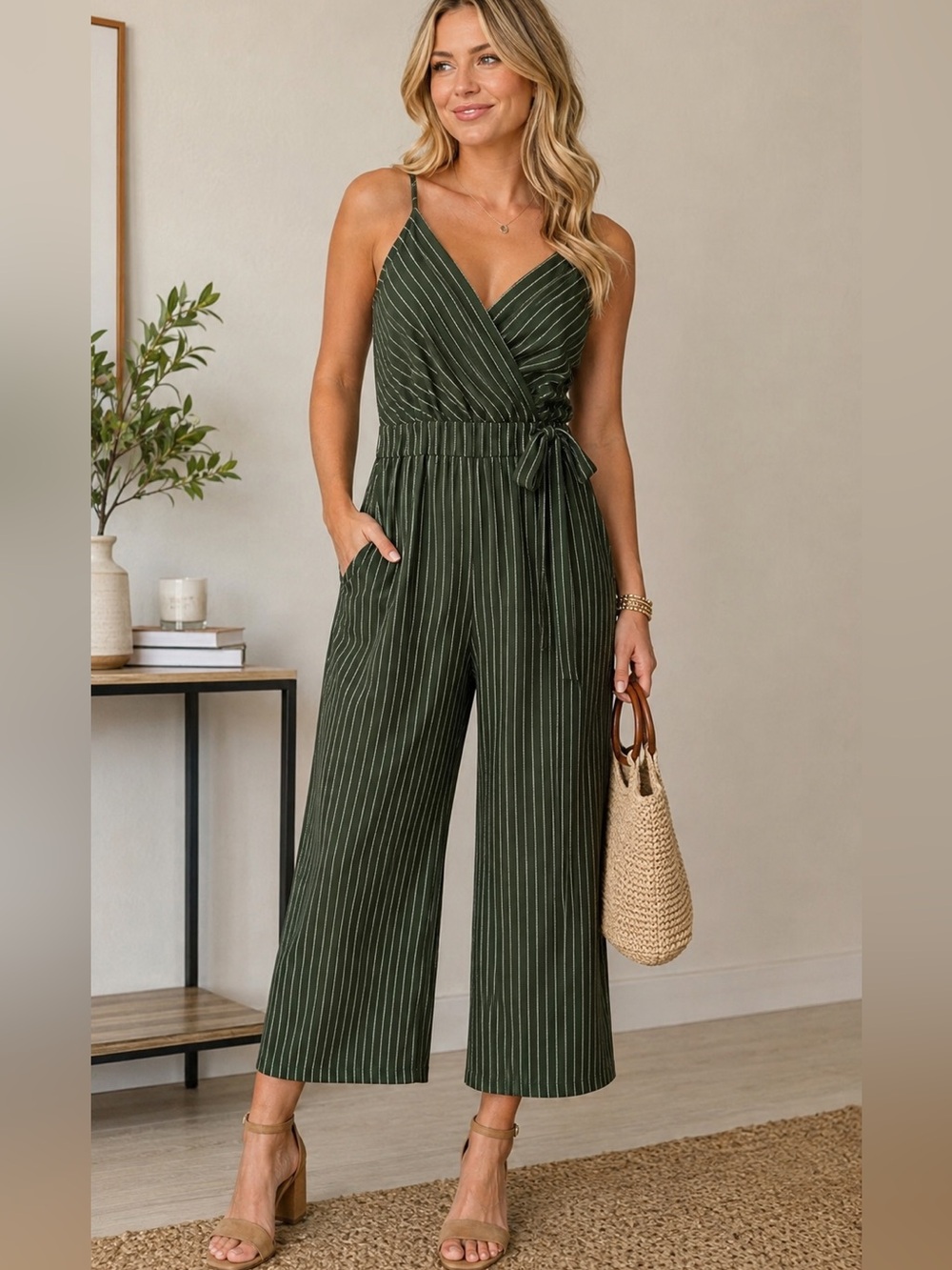 Kaileigh Olive Green Pinstripe Wrap Jumpsuit